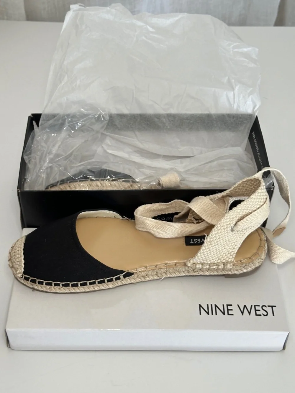 New with box flat Black Espadrilles with ankle tie straps by Nine West size 6.5
